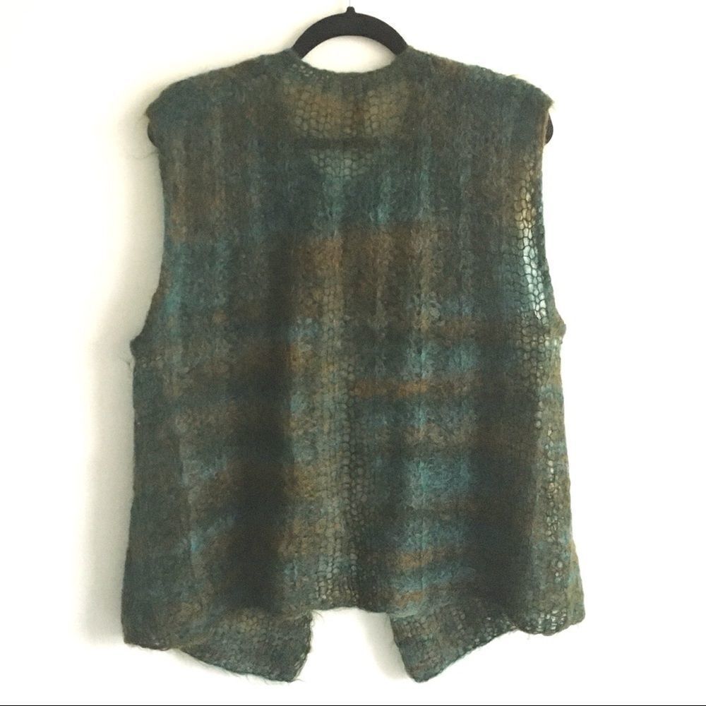 HAND KNIT Vintage Mohair Sleeveless Open Cardigan Vest Tie Neck Green Blue S/M - Picture 5 of 7